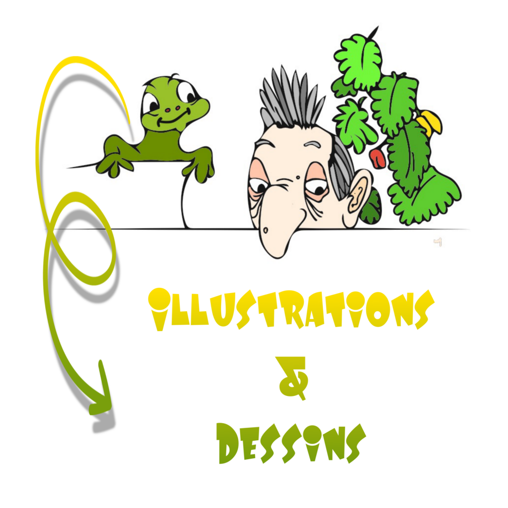 Caricature en couleur d’un homme au nez proéminent, accompagné d’une grenouille verte et d’un arbuste, regardant en direction du texte « Illustrations & Dessins » écrit en jaune, avec une grande flèche jaune sur fond blanc.