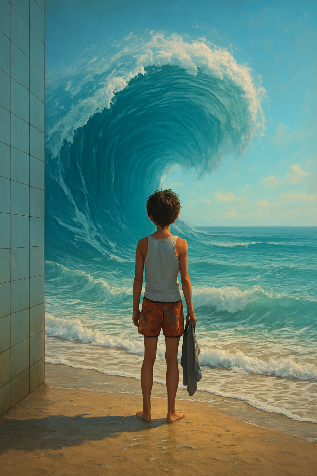 llustration de Léo face à une vague géante, scène de peur sur la p