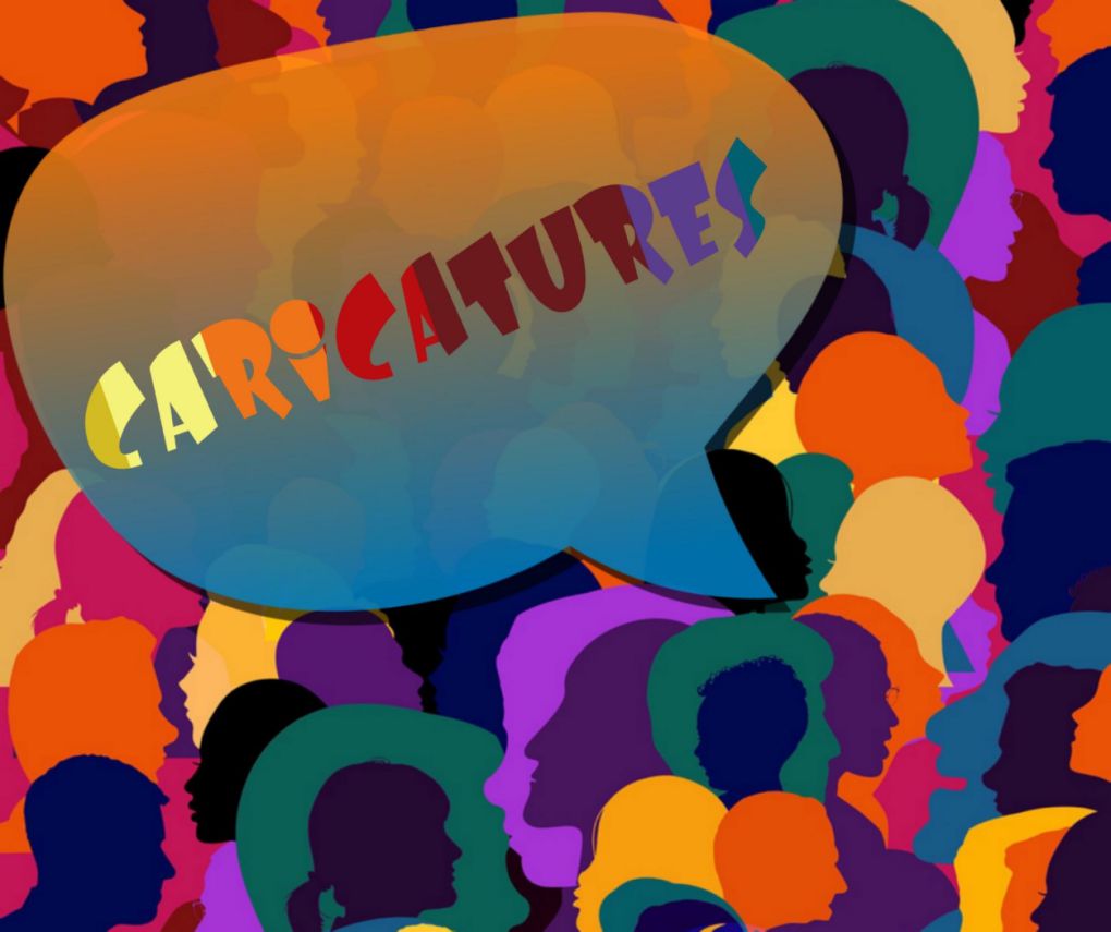 Silhouettes colorées entremêlées avec une bulle de dialogue multicolore affichant le mot ‘Caricatures’