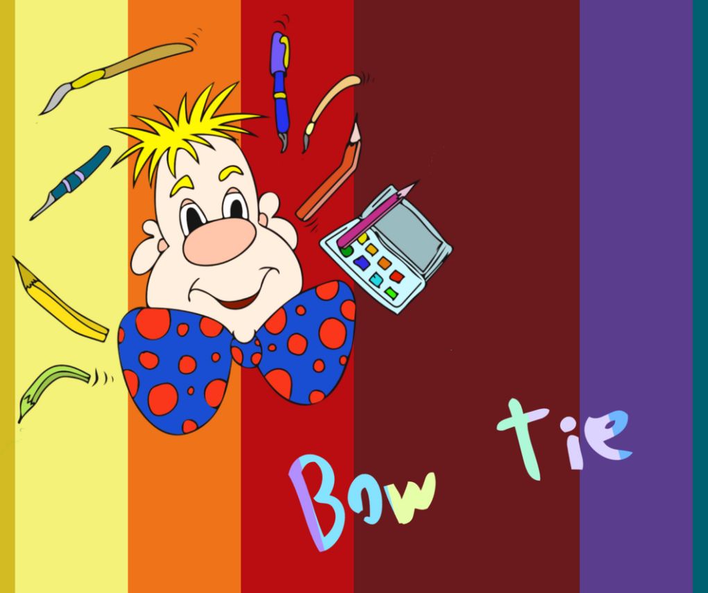 Caricature d’un personnage avec nœud papillon bleu à pois rouges, entouré d’outils de dessin, sur fond coloré, texte ‘Bow tie’.