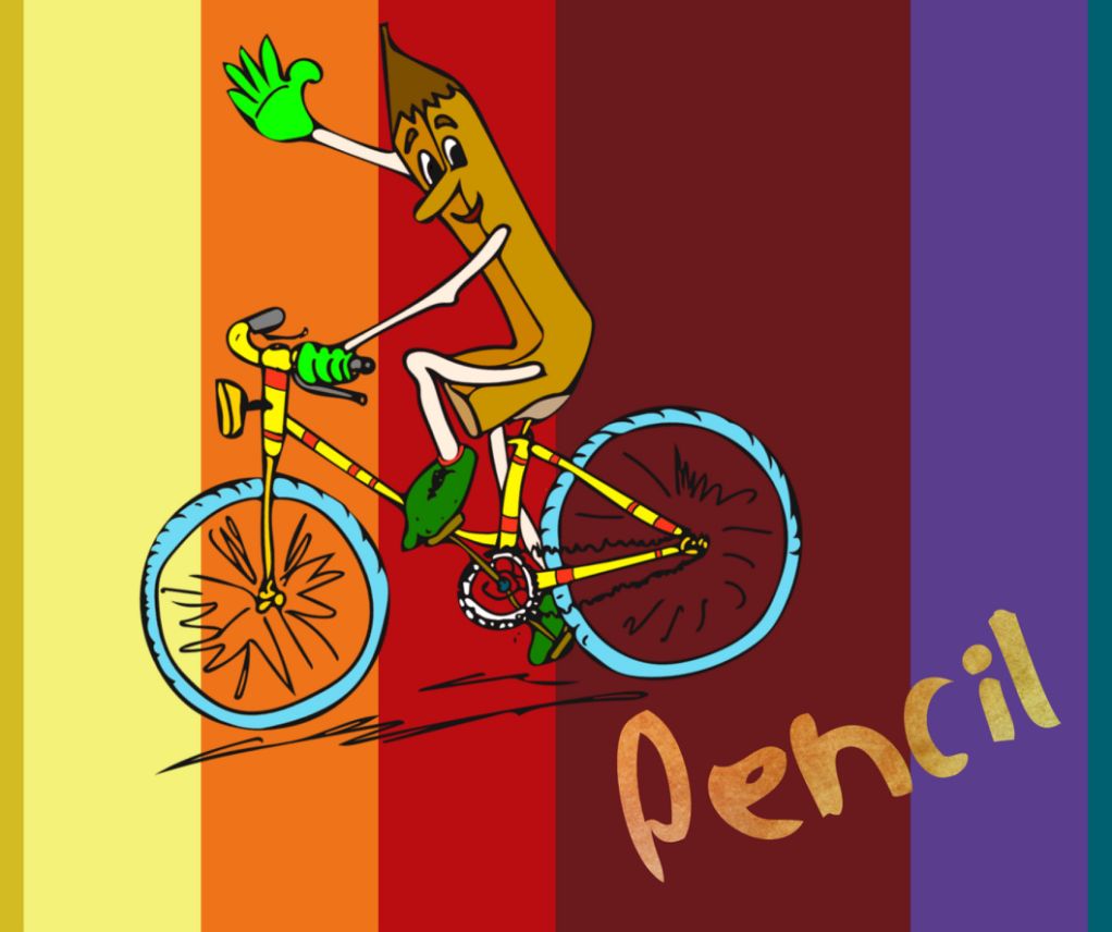 Dessin coloré d’un crayon anthropomorphe souriant, faisant du vélo et saluant, sur fond de bandes verticales multicolores, avec le mot ‘Pencil’ inscrit en bas à droite