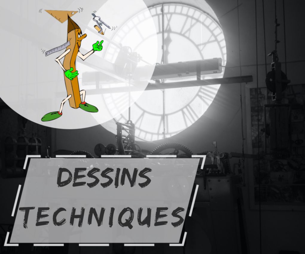 Personnage crayon anthropomorphe orange mesurant un cadran d'horloge géant avec une règle, sur fond chantier industriel avec engrenages et pancarte 'DESSINS TECHNIQUES', style bande dessinée satirique Action Jumix