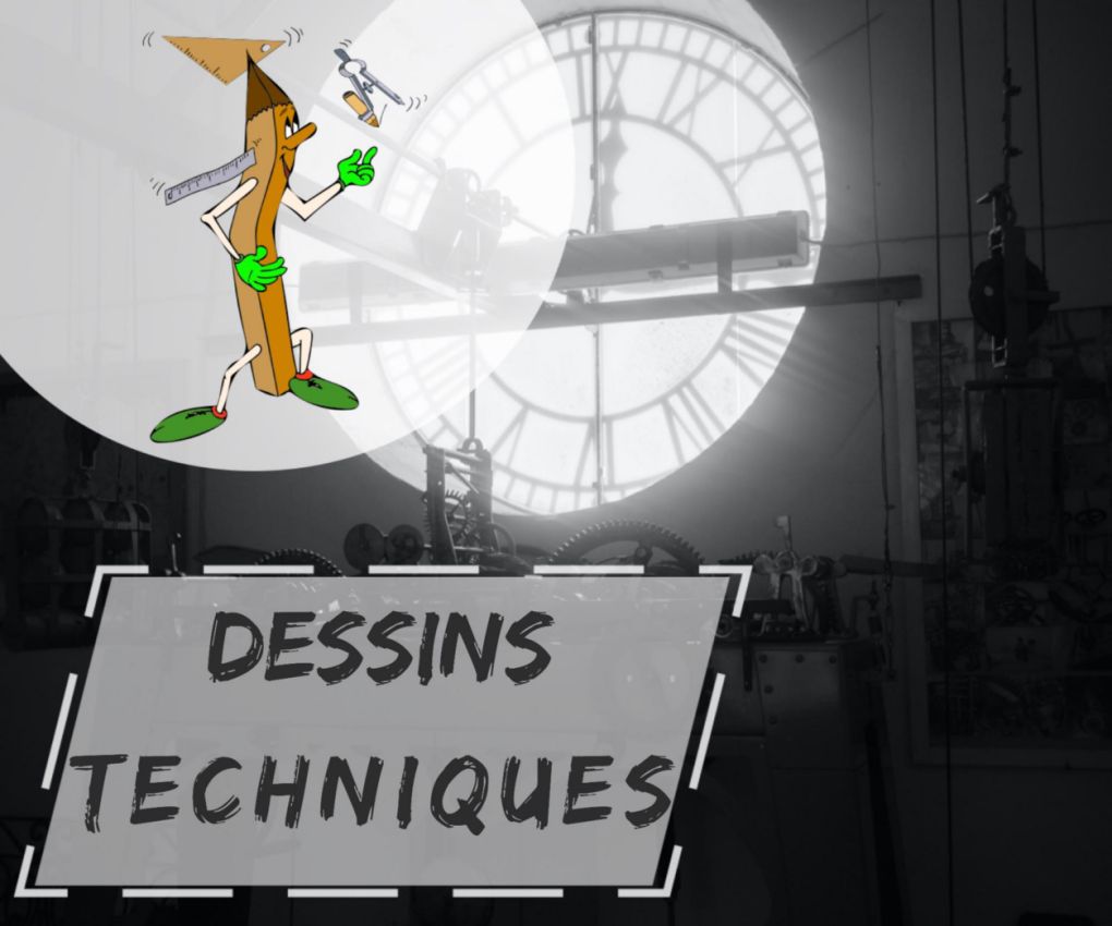 Personnage crayon anthropomorphe orange mesurant un cadran d'horloge géant avec une règle, sur fond chantier industriel avec engrenages et pancarte 'DESSINS TECHNIQUES', style bande dessinée satirique Action Jumix