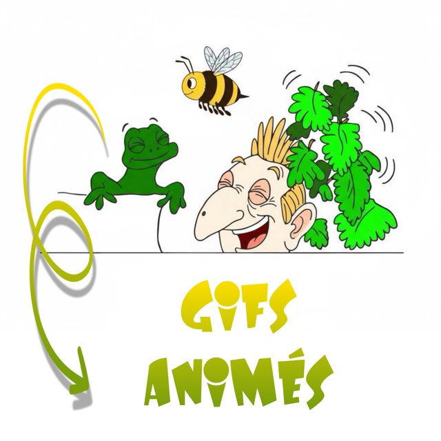 Caricature d’un homme aux cheveux gris, caché derrière un mur, regarde un lézard vert tirant la langue à côté de feuilles de vigne.ecrit gif animé