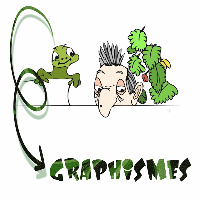 Caricature en couleur d’un homme au nez proéminent, accompagné d’une grenouille verte et d’un arbuste, regardant en direction du texte « Illustrations & Dessins » écrit en jaune, avec une grande flèche jaune sur fond blanc.