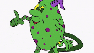 petit Monstre vert à pois violets Action Jumix pouces levés joyeux, cornes mauves queue fine - Illustration GIF animé COVID Théo Jumix style BD enfantin