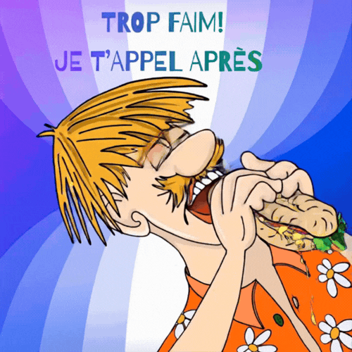 gif animé dessin humoristique d'un homme roux affamé qui croque un sandwich avec le texte trop faim je t'appelle après