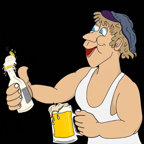 Illustration humoristique d’un homme musclé levant une bière avec des pièces d’or qui fusent. Création originale Action Jumix pour une touche fun.