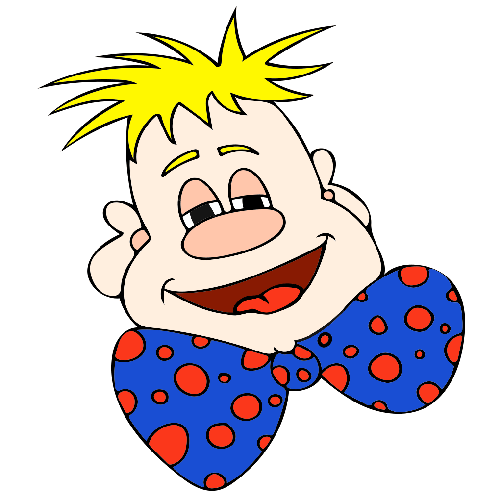 Clown blond Action Jumix tire langue coquinement, yeux plissés sourire malicieux, nœud papillon bleu à pois rouges - Caricature humoristique BD Théo Jumix