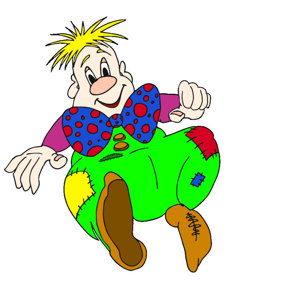 Clown joyeux blond Action Jumix en salopette verte rapiécée, nœud papillon rouge à pois, chaussures marron dépareillées - Illustration BD humoristique Théo Jumix