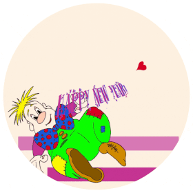 Clown blond Action Jumix fête Bonne Année avec vœux violets arc-en-ciel, salopette verte rapiécée nœud papillon à pois - Illustration BD festive Théo Jumix"