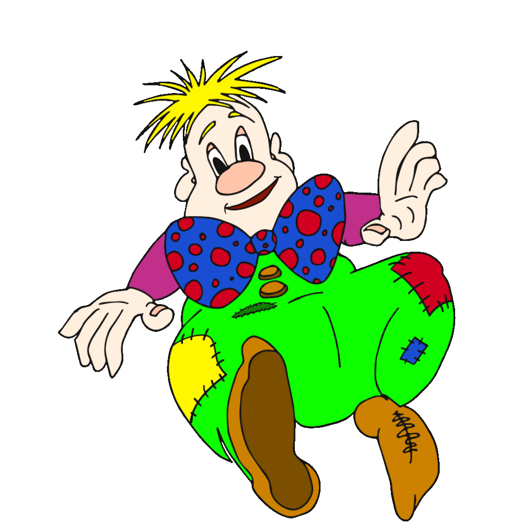 Clown blond espiègle Action Jumix levant index droit, salopette verte rapiécée nœud papillon à pois, chaussures dépareillées - Caricature BD Théo Jumix