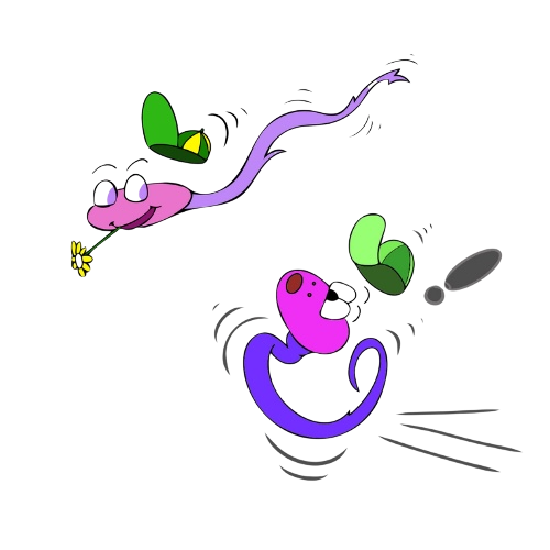 Illustration de deux serpents cartoon violets portant des chapeaux verts qui s’envolent en courant, l’un tenant une petite fleur dans la bouche.