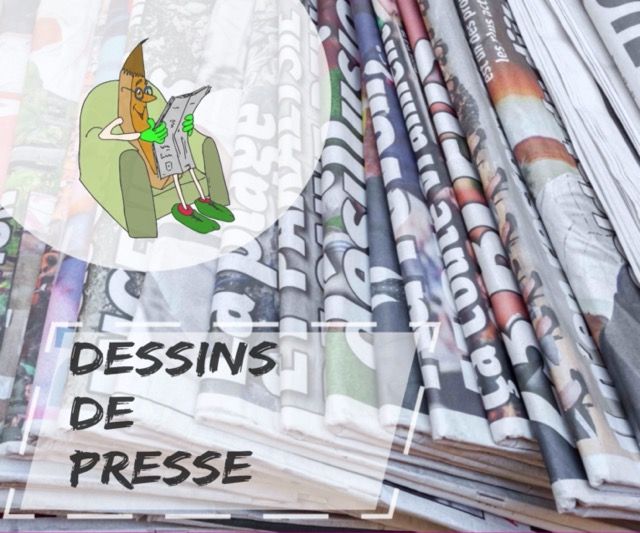 Caricature en couleur d’un homme au nez proéminent, accompagné d’une grenouille verte et d’un arbuste, regardant en direction du texte « Illustrations & Dessins » écrit en jaune, avec une grande flèche jaune sur fond blanc.