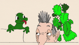 illustration humoristique lézard vert tirant la langue vers un vieil homme aux cheveux blancs regardant par-dessus le bord