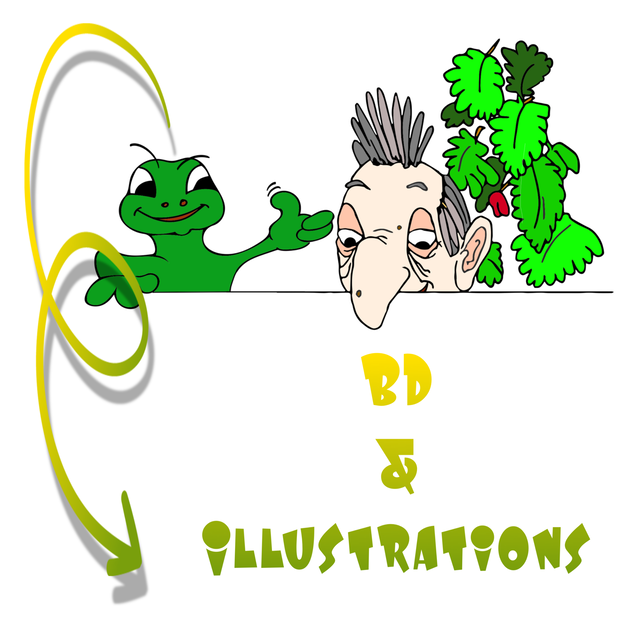 Grenouille verte caricaturale Action Jumix pointant vers 'BD & Illustrations' avec un vieil homme ridé émergeant d'une plante, style bande dessinée humoristique