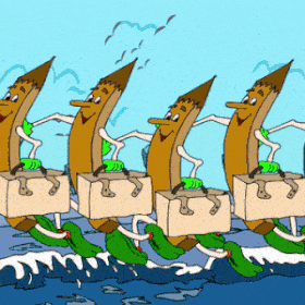 Animation GIF - Quatre crayons anthropomorphes joyeux courent vers les vagues en portant des valises- Humour BD Action Jumix
