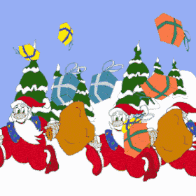 Animation GIF Noël Action Jumix - Pères Noël joyeux avec sacs cadeaux, arbres enneigés dansants, ballons et paquets flottants - Style BD humoristique festif